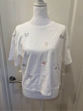 NWT Embroidered Dog Graphic Tee - Red & Gold Stitch- L